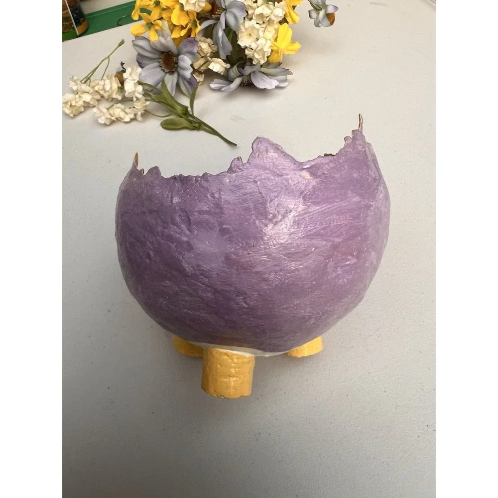 Handmade Cracked Egg Bowl Footed Lavender Gold Floral Arrangement Planter